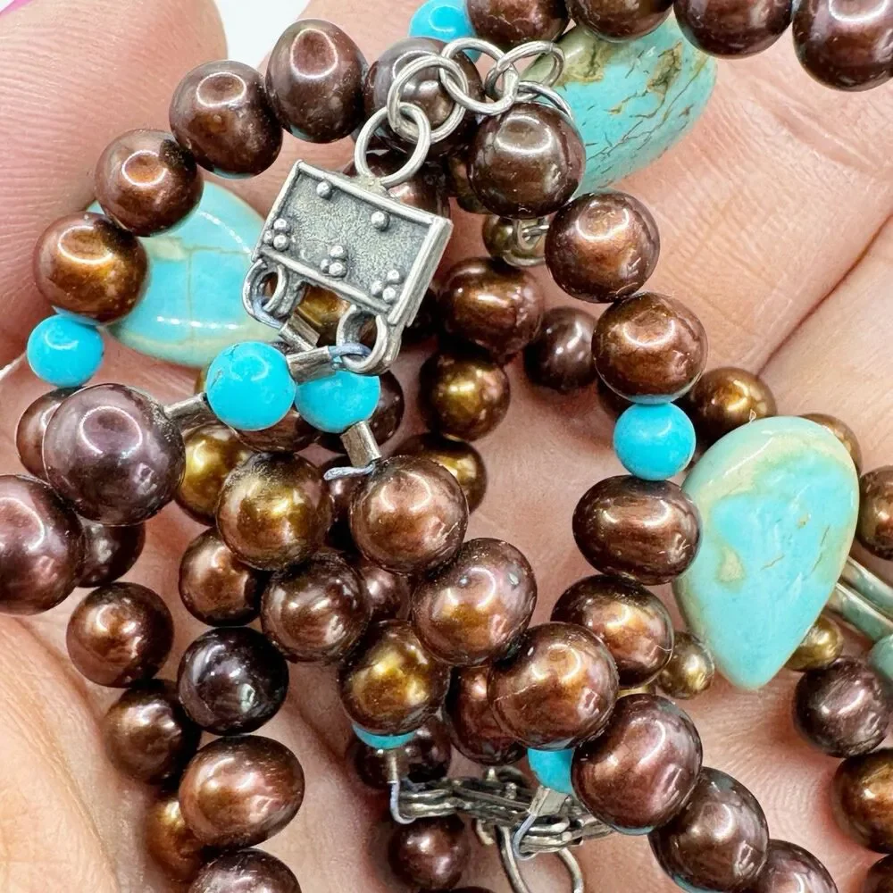 Turquoise Teardrop Bronze Pearl Double Strand Necklace Sterling Silver Bohemian